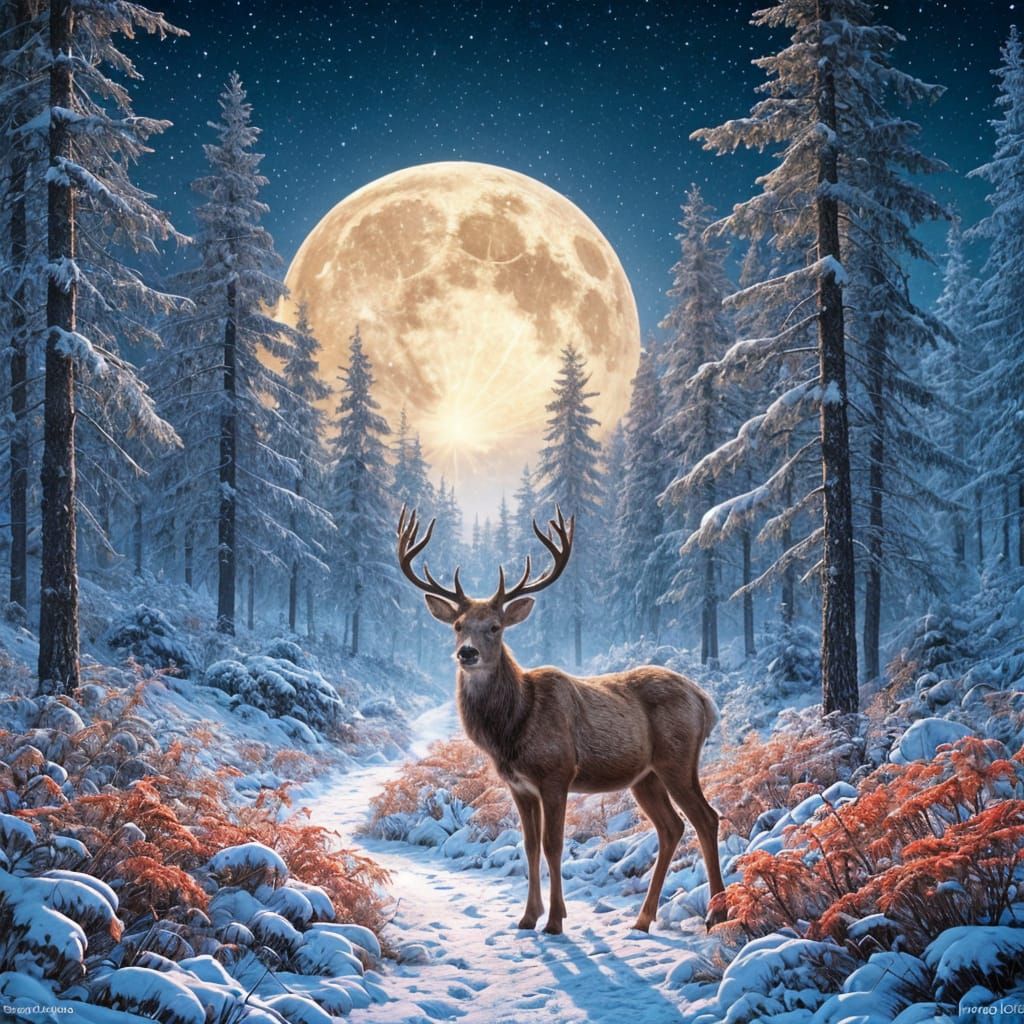 Reindeer in front of full moon  by @lionel