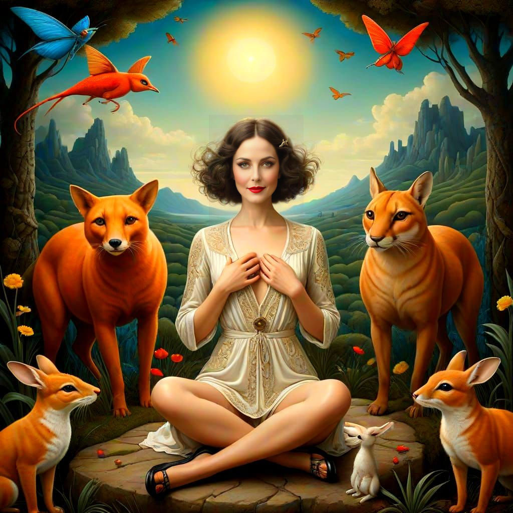 Elegant Lady in 1920s Fashion, Surrounded by Whimsical Creat...