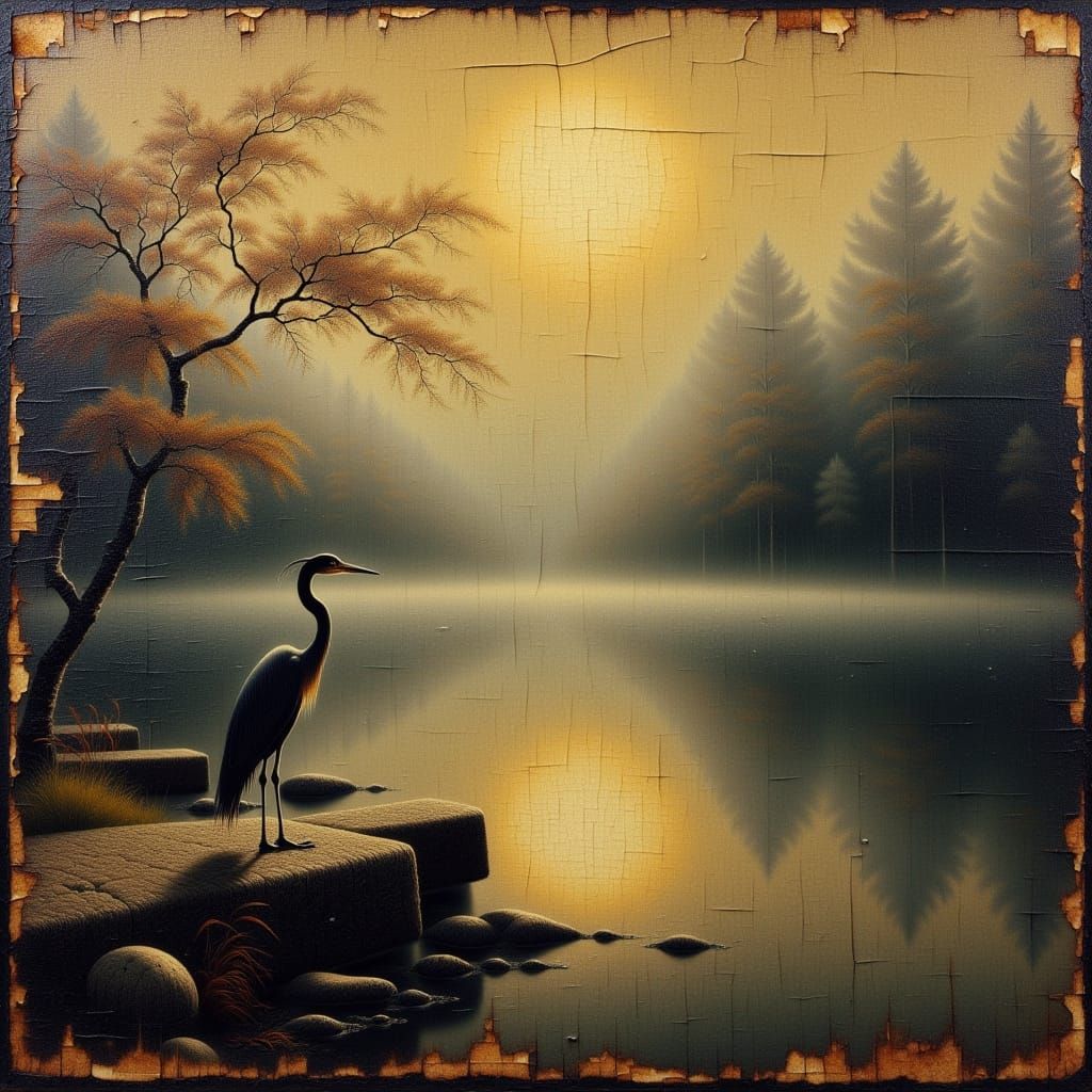 <lora:craquelur:1.0> cracks craquelure old japanese tapestry. heron on a lake at night in fog. Oil on canvas with worn edges, the paint has ...