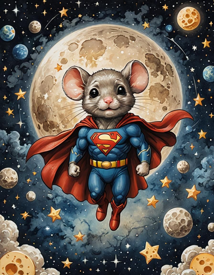 Chibi! mouse superman floating in space, with tiny stars and a cheese-shaped moon in the background, ...  by @Persie