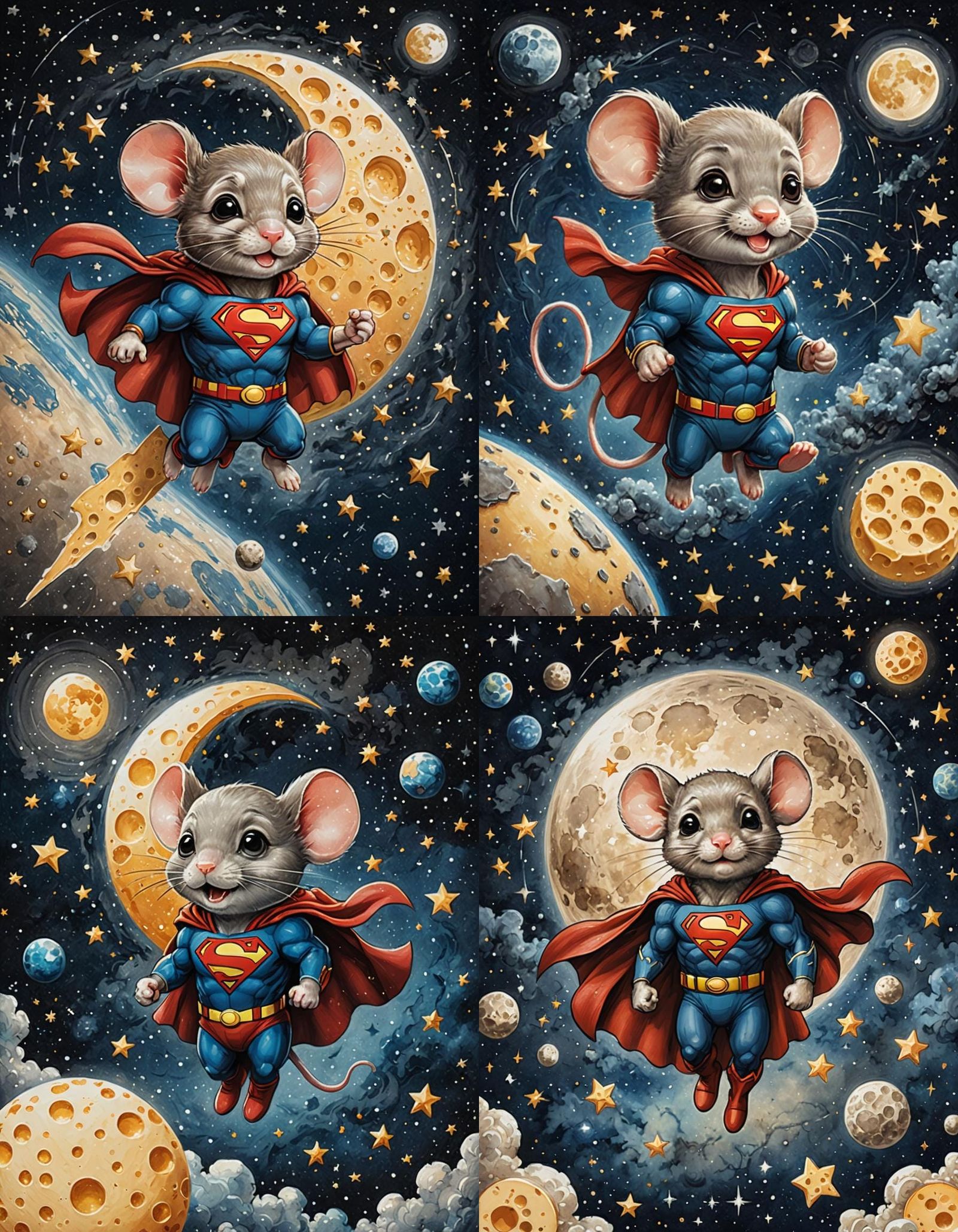 Chibi! mouse superman floating in space, with tiny stars and a cheese-shaped moon in the background, traditional paintin...