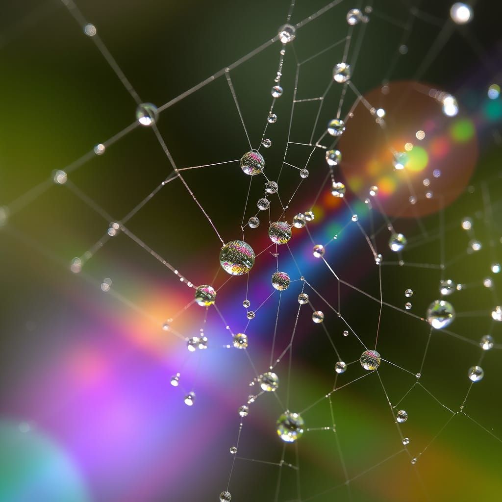 a close-up shot of a dewdrops on a spiderweb, each droplet acting as a tiny prism, refracting the sunlight ...  by @spacha
