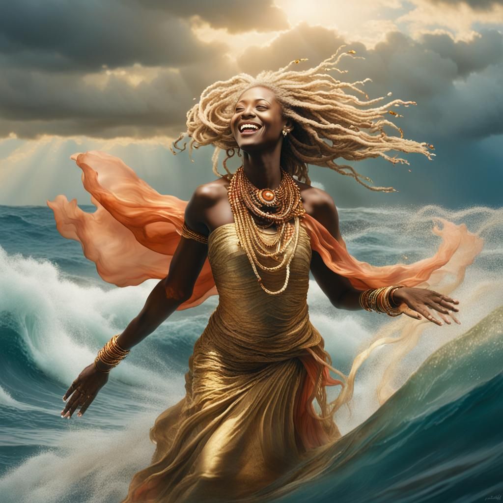 A beautiful happy African Goddess that is wearing a gold flowing gown. The Goddess is wearing sea shell necklace around her neck. And has co...