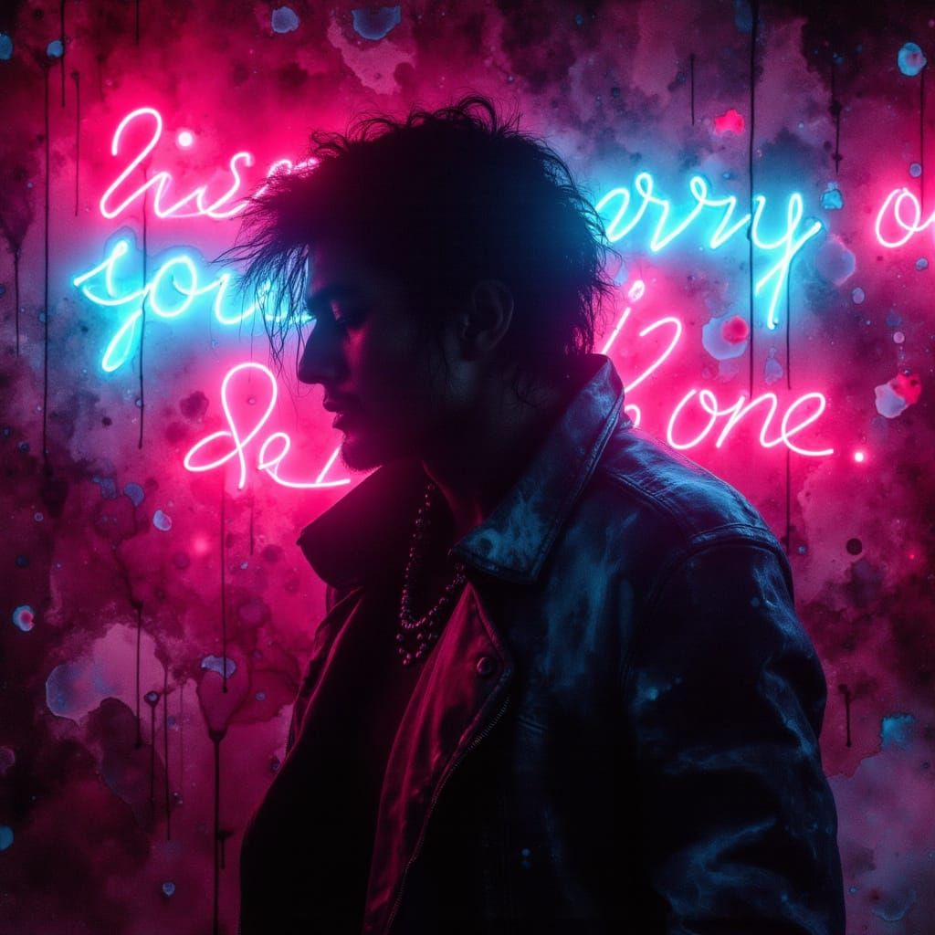 <lora:HRH-neon-grunge:1.0> A lone figure in a torn leather jacket, illuminated by broken neon signs. Their silhouette pulses with glitch eff...