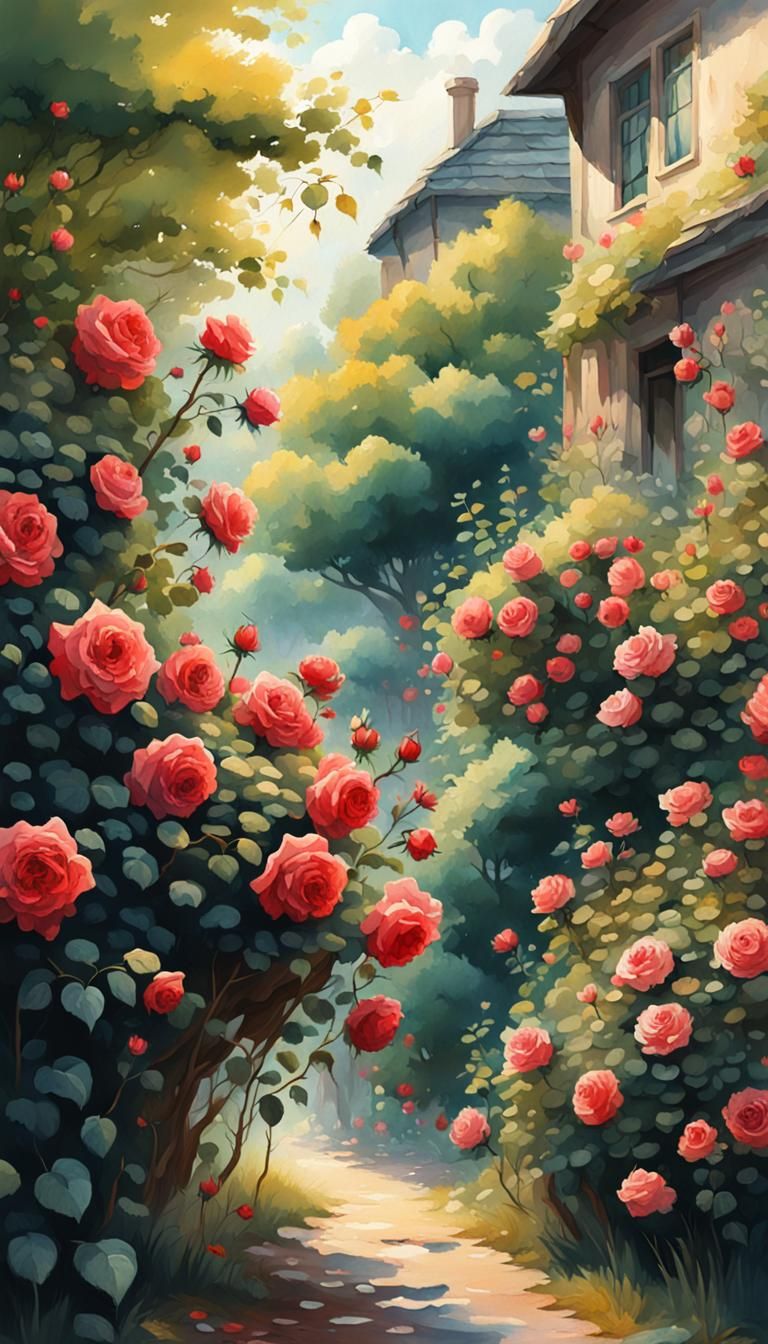 Enchanting Rose Bush in Whimsical Watercolor Style
