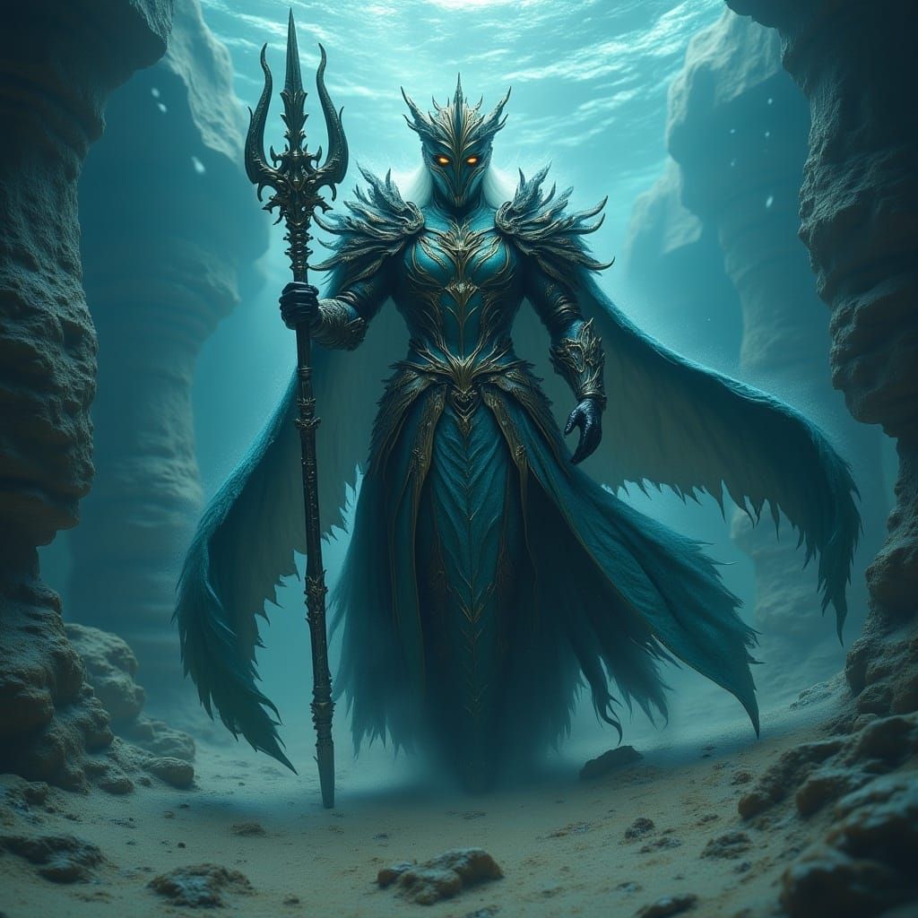 <lora:MJ6 RPG Flux:1.0> a photo of a mermaid king, wearing majestic armour inspired by the sea, an underwater scene, at the bottom of the oc...