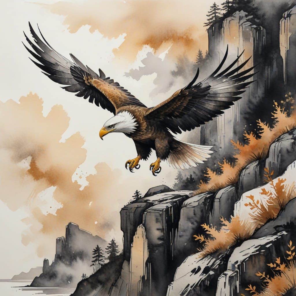 Image of an eagle soaring over the cliffs
Black ink on parchment, with delicate abstract watercolors ...  by @SHACHAR