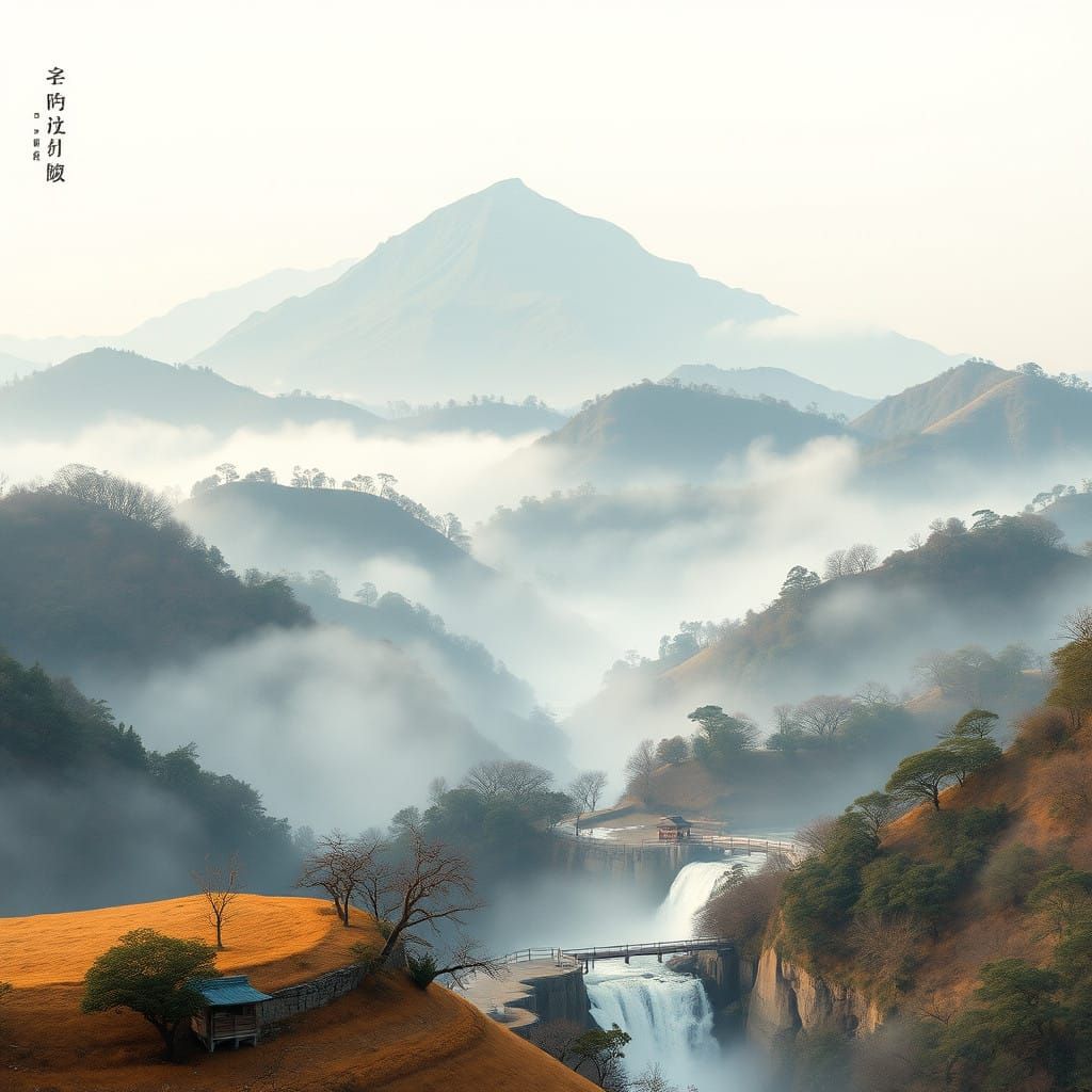 Serenic Korean Mountain Range as Dansaekhwa-Inspired Waterco...