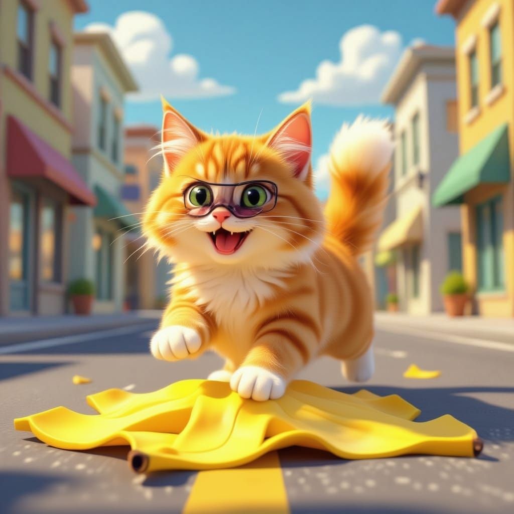 Cat Slips on Banana in Middle of Street