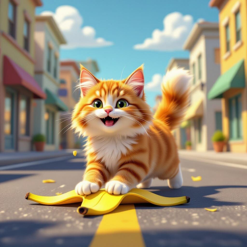 חתול מחליק על בננה באמצע רחוב