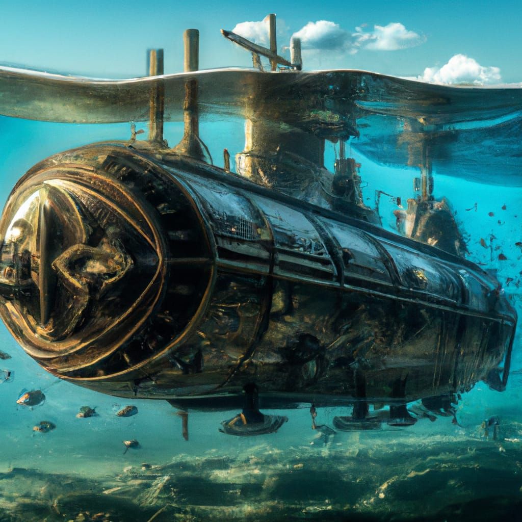 underwater photography of a majestic steampunk submarine cruising in ...