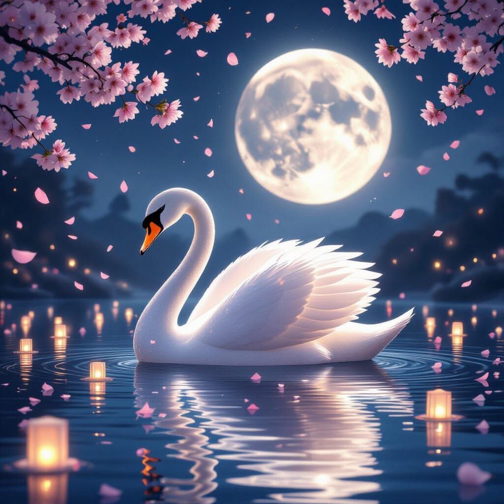 A magical swan made of pure light gliding across a crystal lake under a glowing moon, surrounded by floating lanterns and cherry blossom pet...