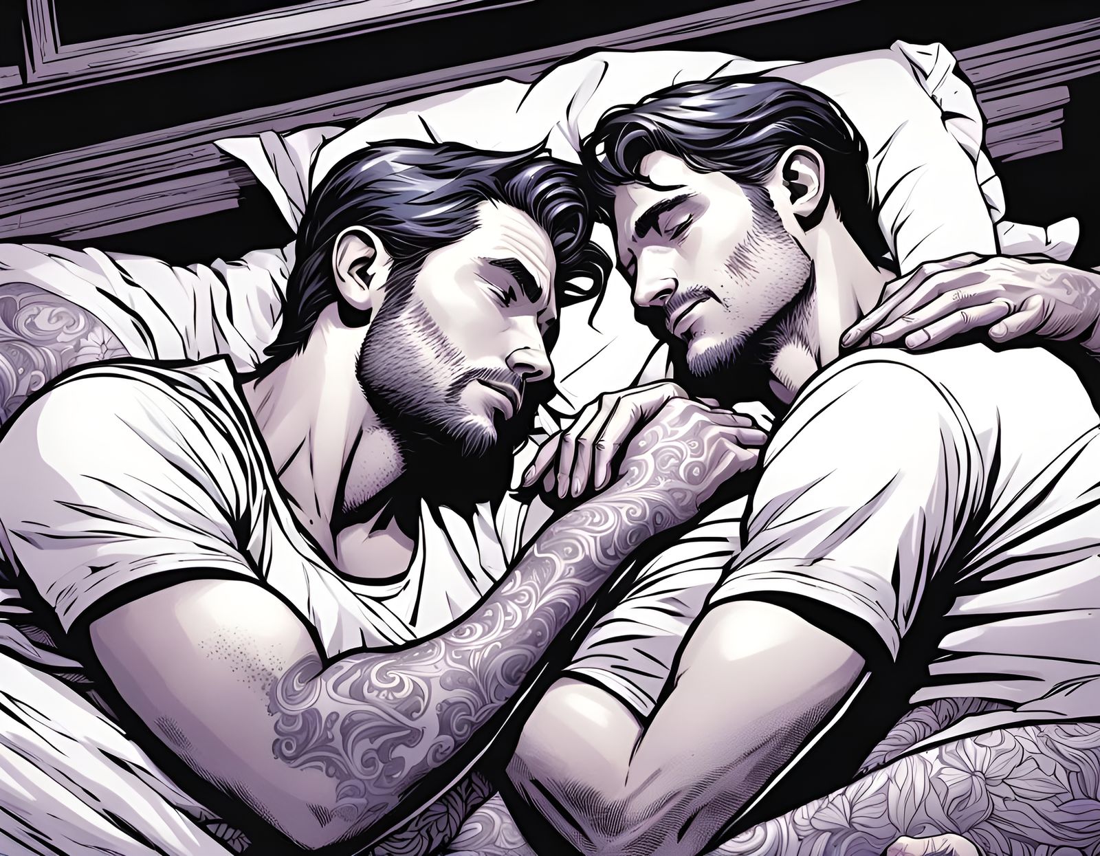 two gay men lying in bed embracing each other - AI Generated Artwork -  NightCafe Creator