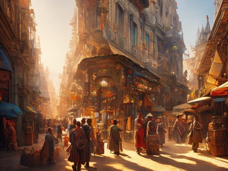 Detailed Medieval Market Scene in Digital Art