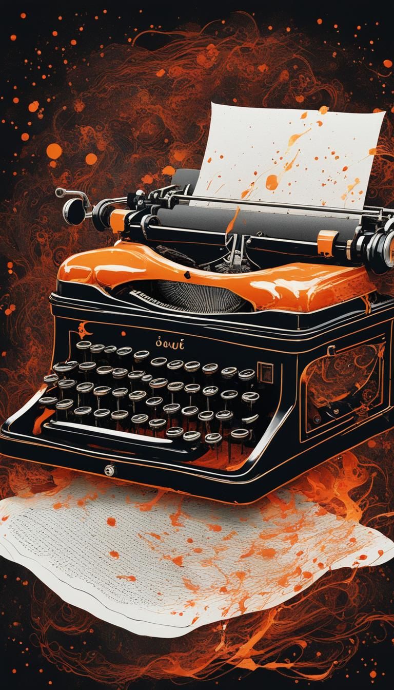 Antique vintage typewriter, ink splatter art, very long neck, intricate