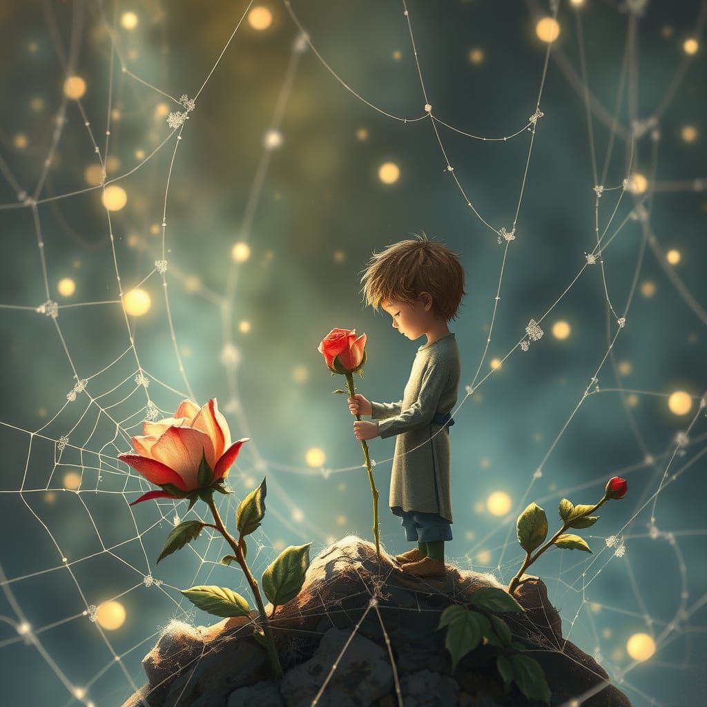 A Little Prince and his rose made of spiderweb; hyperdetailed, fantasy, misterious, magic, beautiful, soft colors