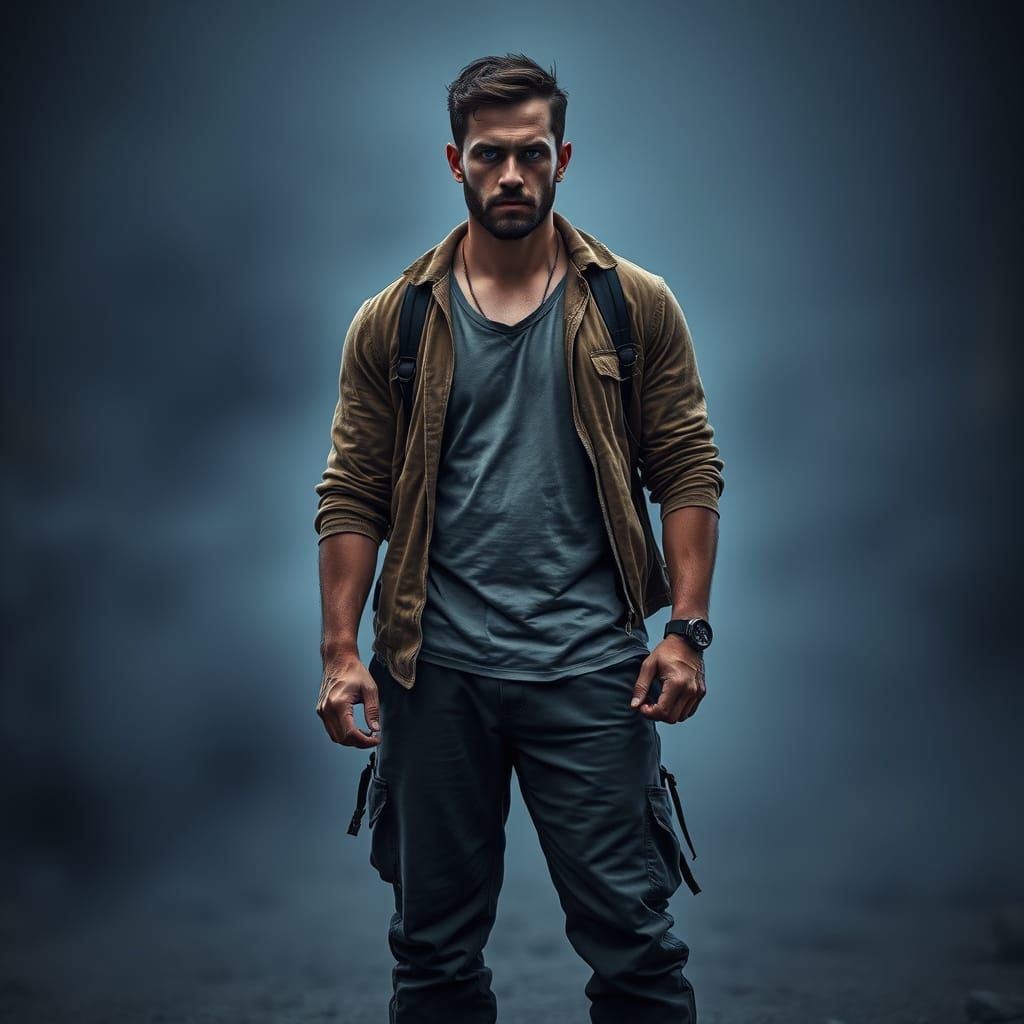 Confident Man Standing Tall in a Vibrant Blue Glow