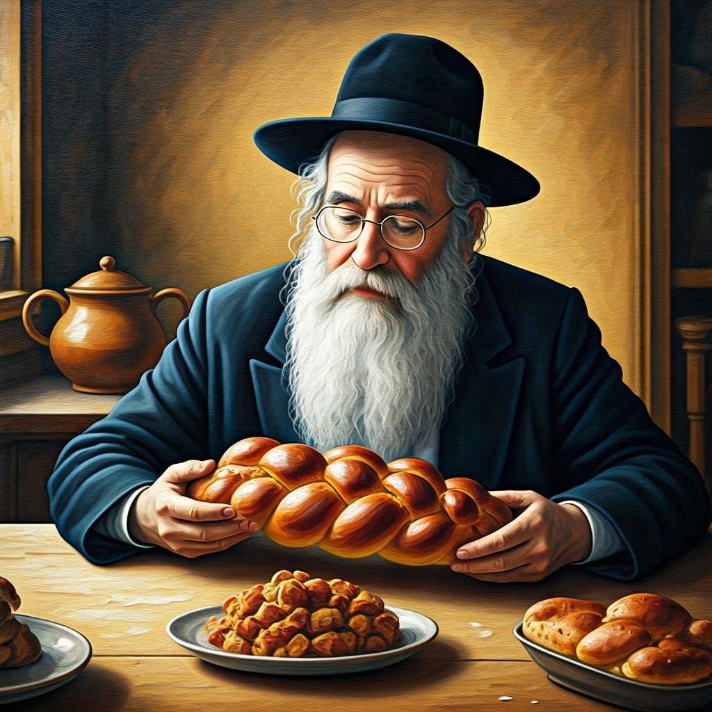 Warm Jewish Rabbi Inspects Golden Challah in Vibrant Chagall...
