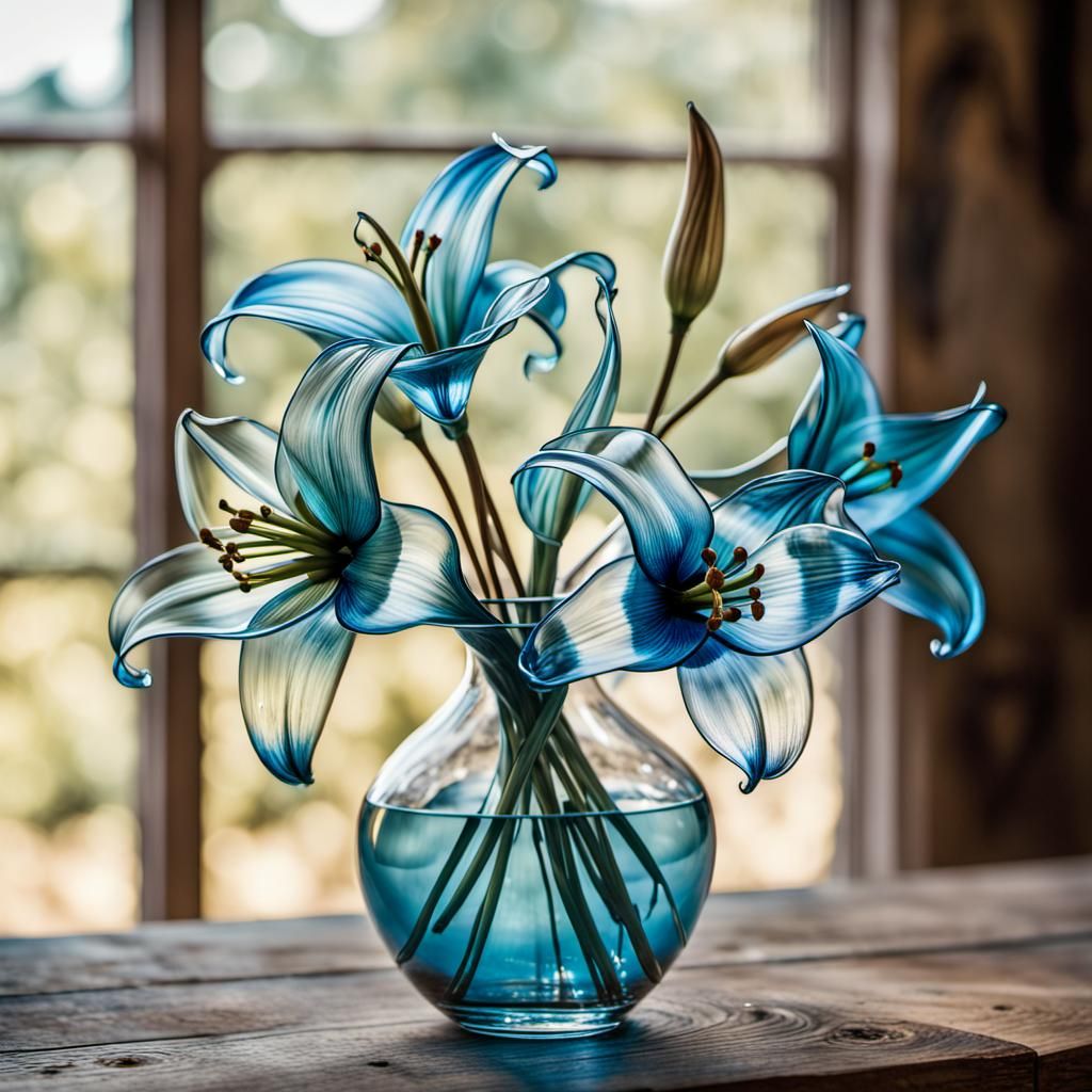 Exquisite bouquet of crystal glass lilies, transparent and shimmering