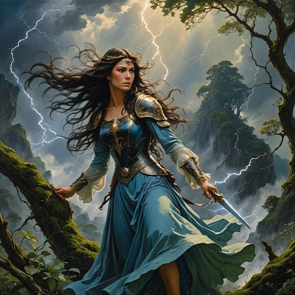 A fighting lady warrior angel with long hair dark hair fair skin in a  majestic gown overly flowing while in the blue skies of thunder ligh... -  AI Generated Artwork - NightCafe Creator