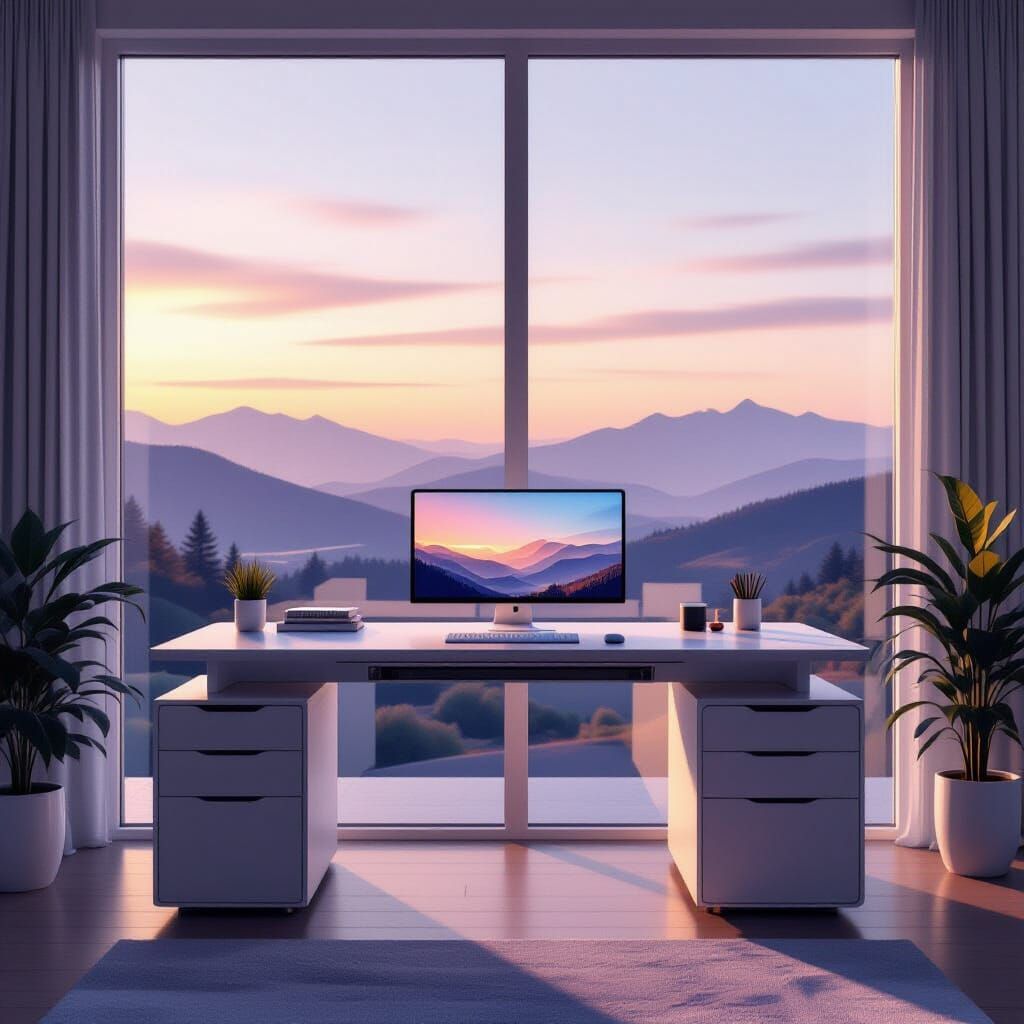 Sleek Computer Desk with Serene Low-Poly Landscape