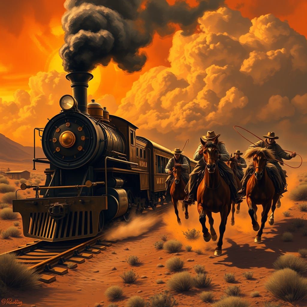 Western style train attacked by horsemen  by @aradama