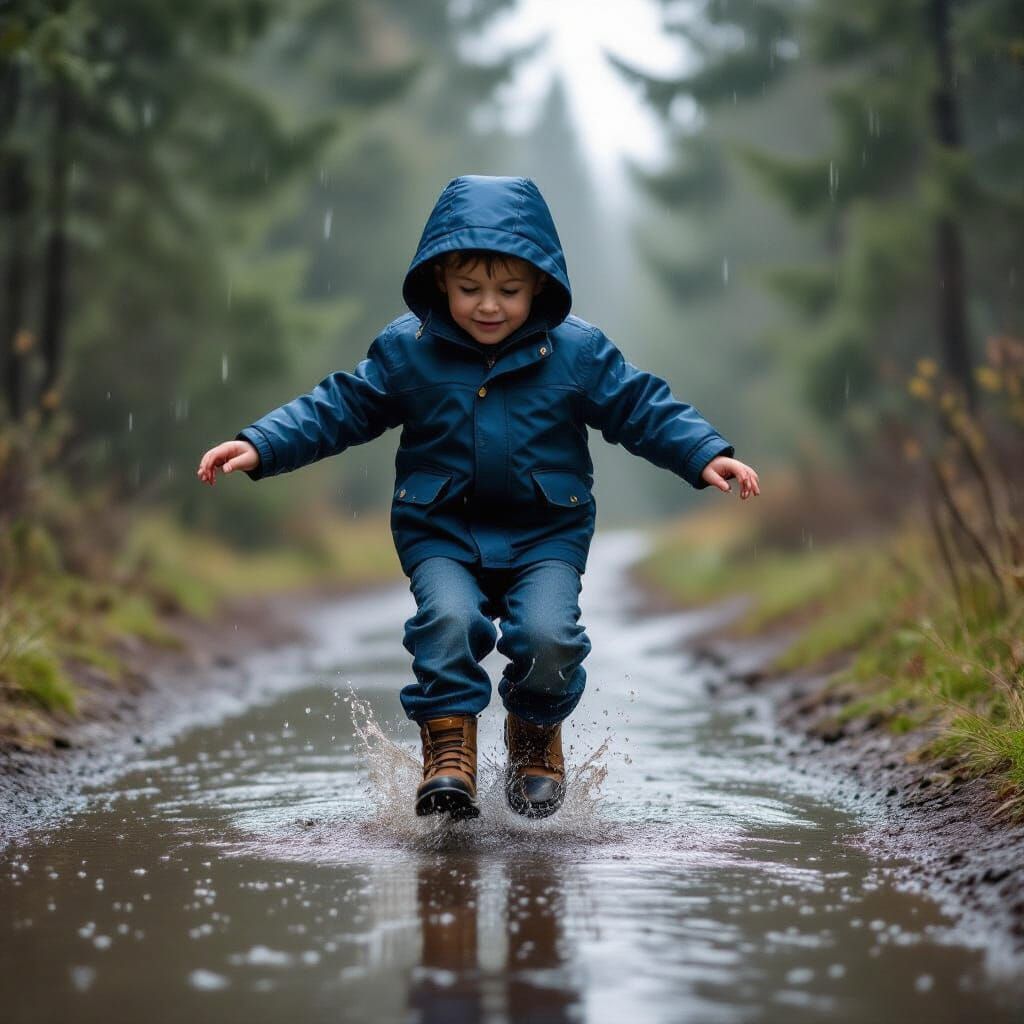 Child Jumps in Rain Puddle with Boots