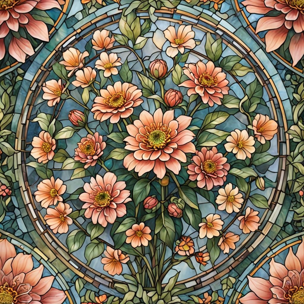 traditional stain glass round, small vibrant peach zinnia flower in ...