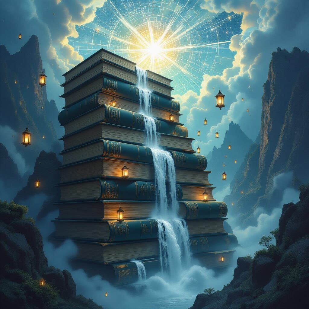 "Mountains shaped like giant books are stacked on top of each other, with waterfalls of ink flowing down their sides. Tiny glowing lanterns ...