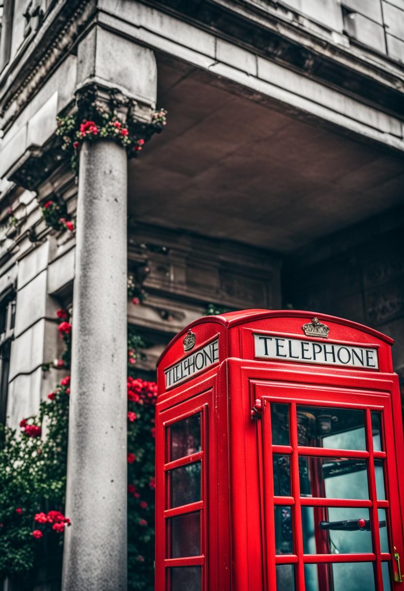 A photo of a red telephone. booth in London, vibrant colors, high quality, detailed petals, lush greenery, natural lighting, realistic, flor...