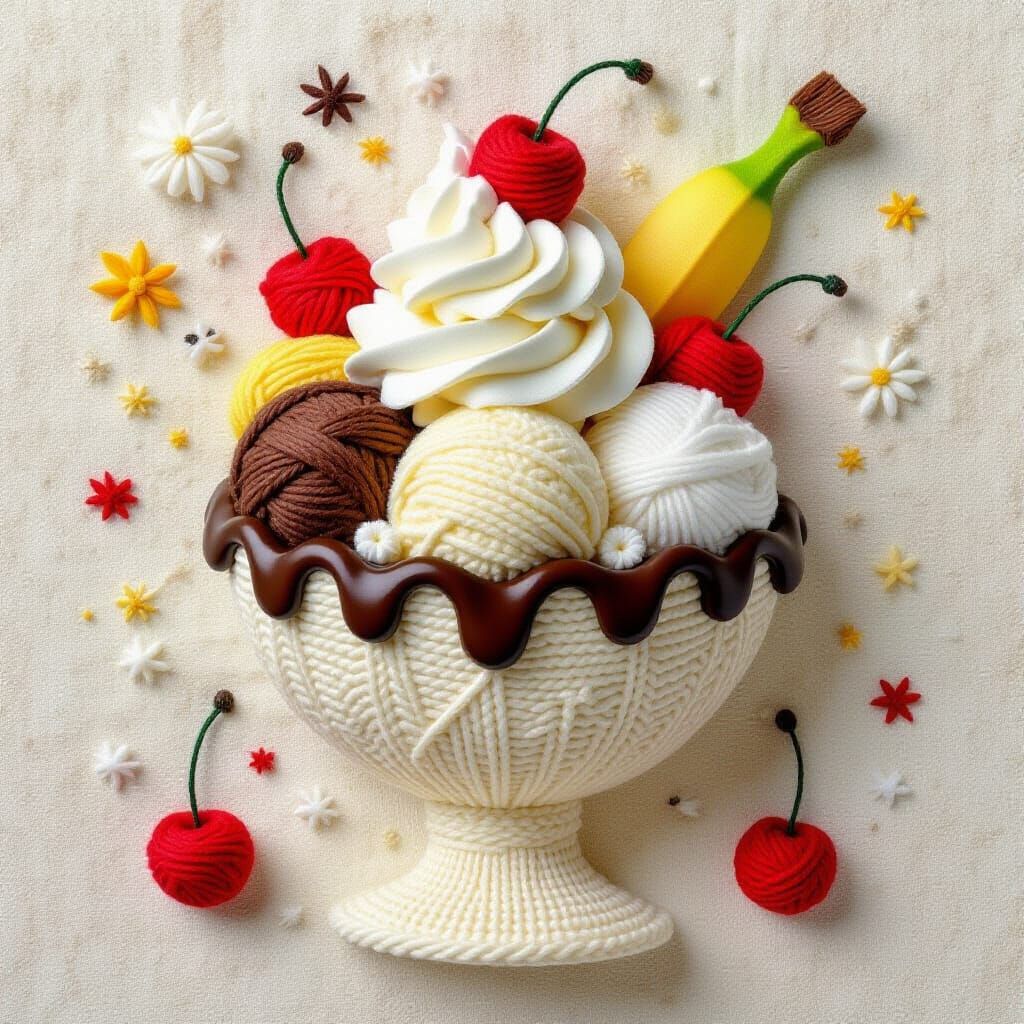 Wool, fabric, and yarn ice cream treat  by @AIUrbanTemple