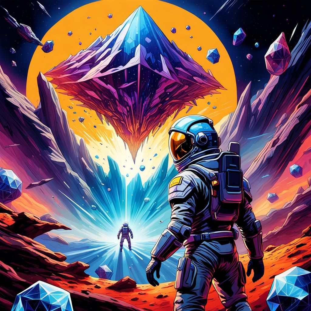 Astronaut Amidst Crystal Vortex in Cosmic Depths