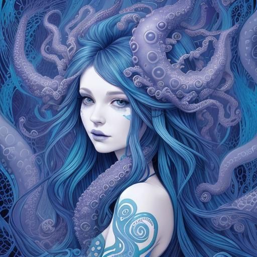 Surreal Sea Goddess in Vibrant Fractal Hair
