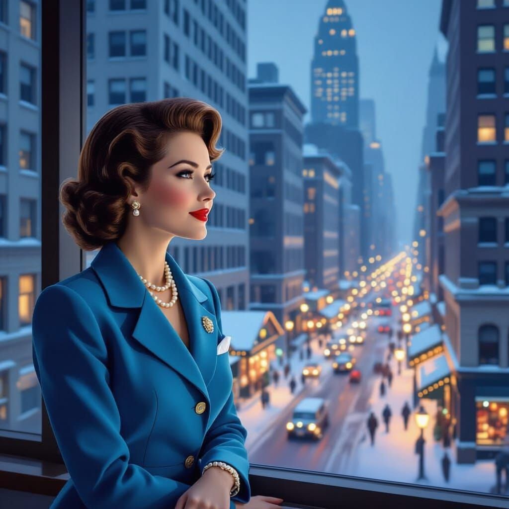 1950s American Businesswoman Views December Snow and Holiday Preparations