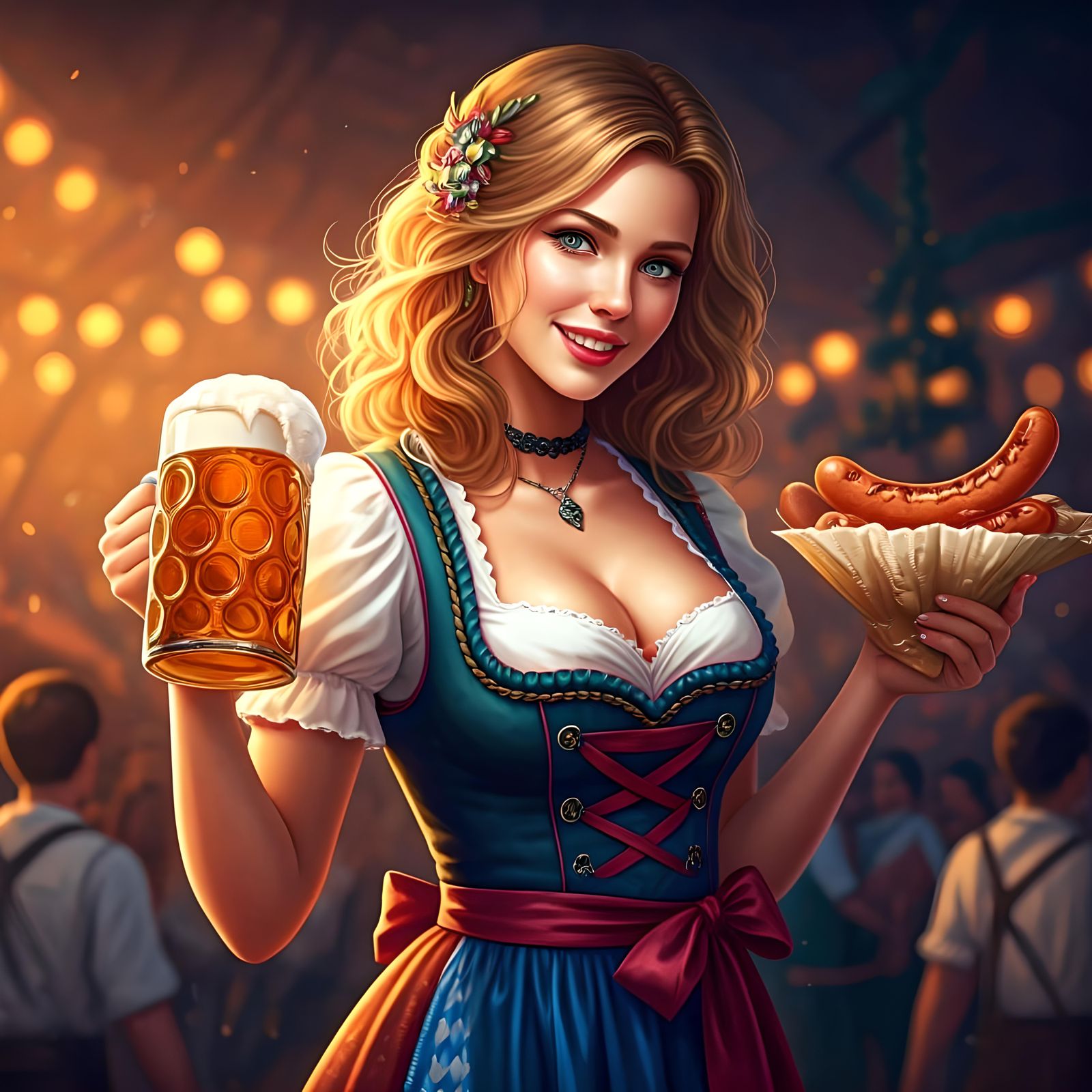 A beautiful girl in a low-cut dress, 
Holding a beer in one hand and a bratwurst in the other, for Octoberfest ...  by @Bronco