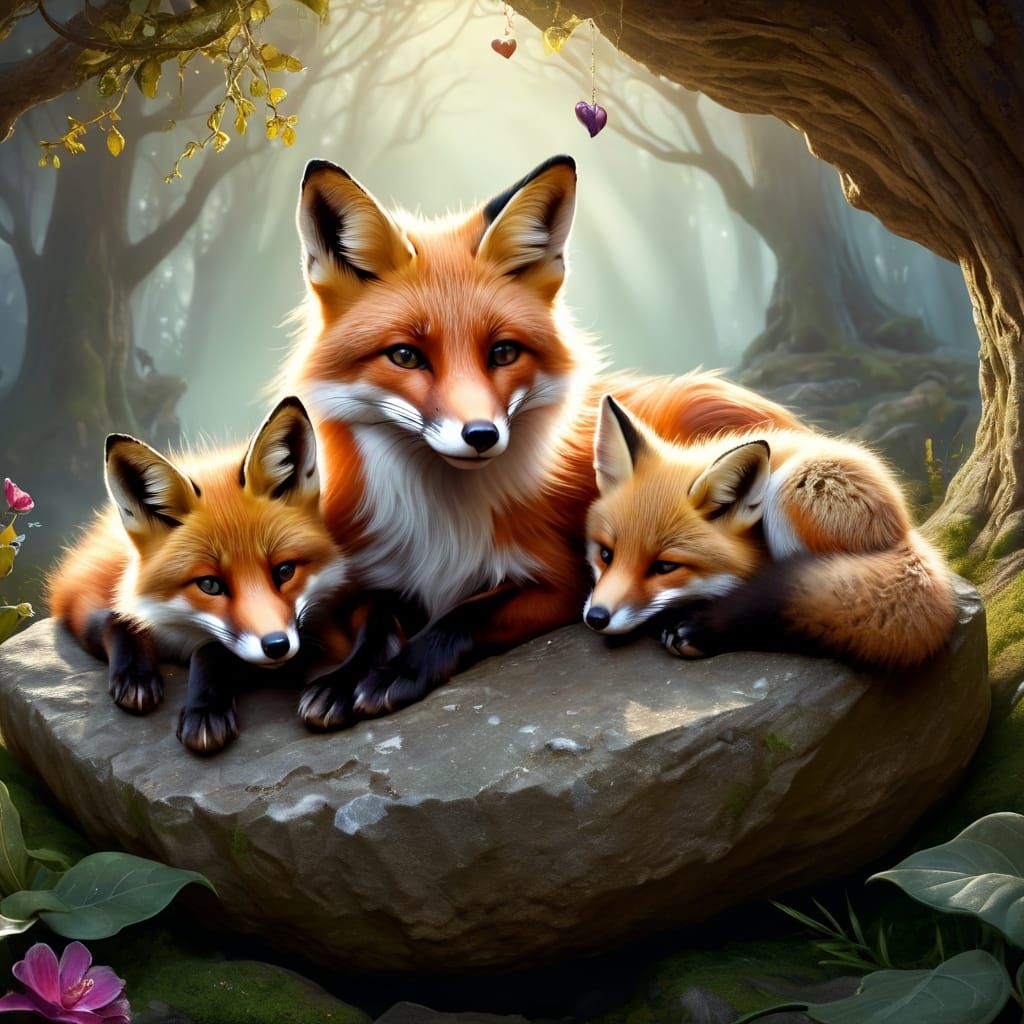 A Fox family lying on a rock