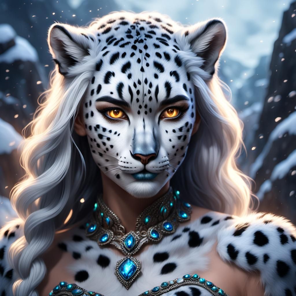Exotic Snow Leopard Goddess in Vibrant Colors and Intricate....