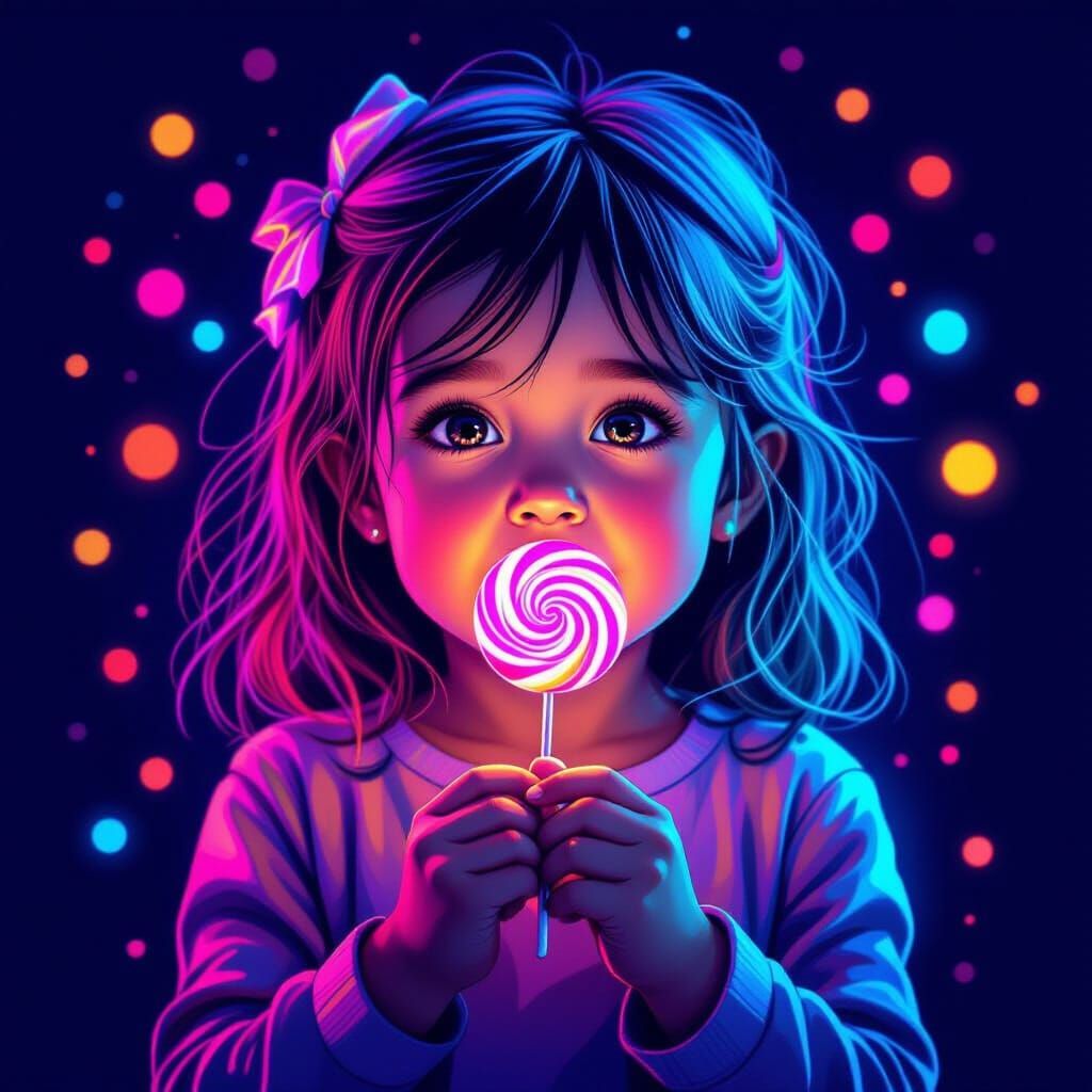 Girl Eating Lollipop in Vibrant Neon Lights