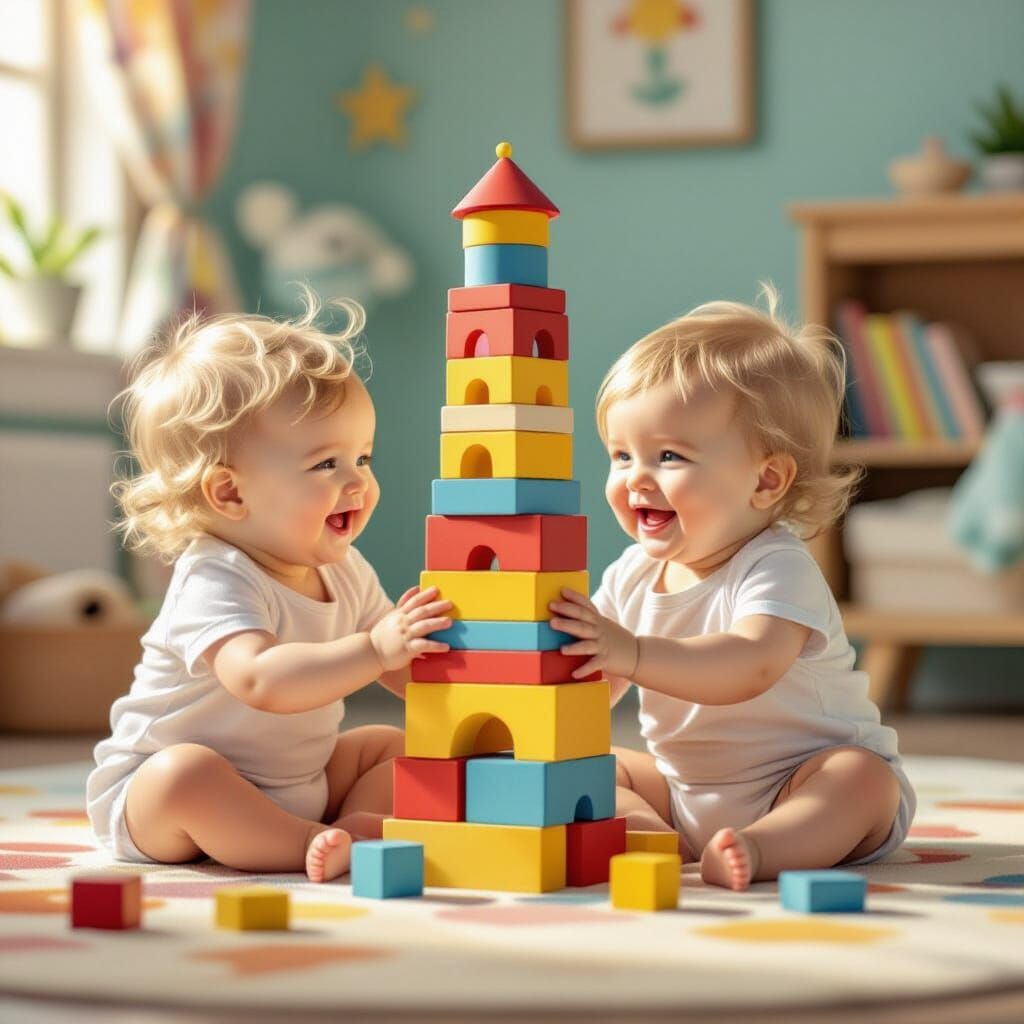 Two Blonde Babies Play With Colorful Tower