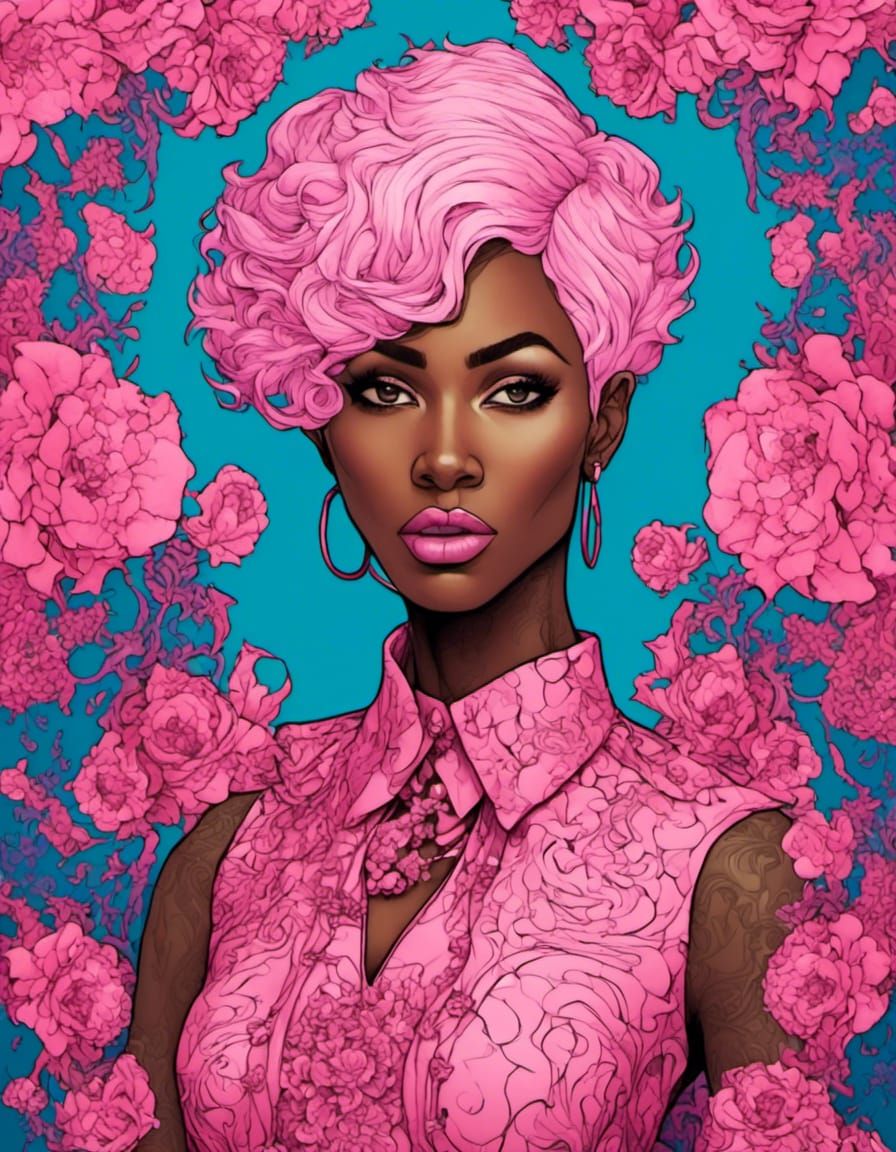 melanated, short hair, flowers, pink <lora:Selective Color Art:1.0> 