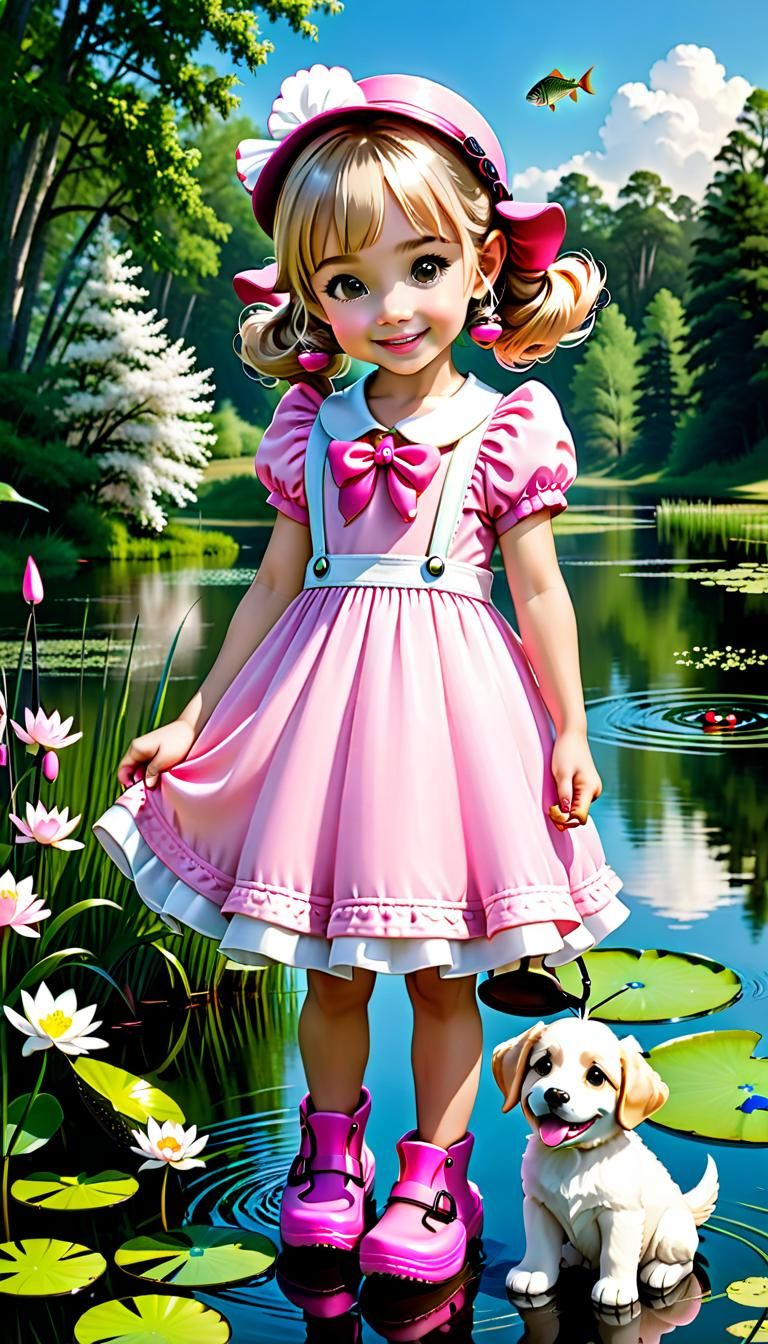 Whimsical Girl Fishes with Puppy on Pond in Pink Crocs