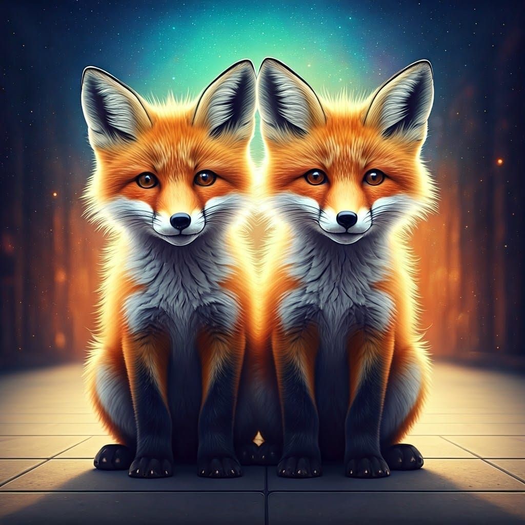 Two Adorable Twin Fox Kits Standing Together on a Vibrant Ci...