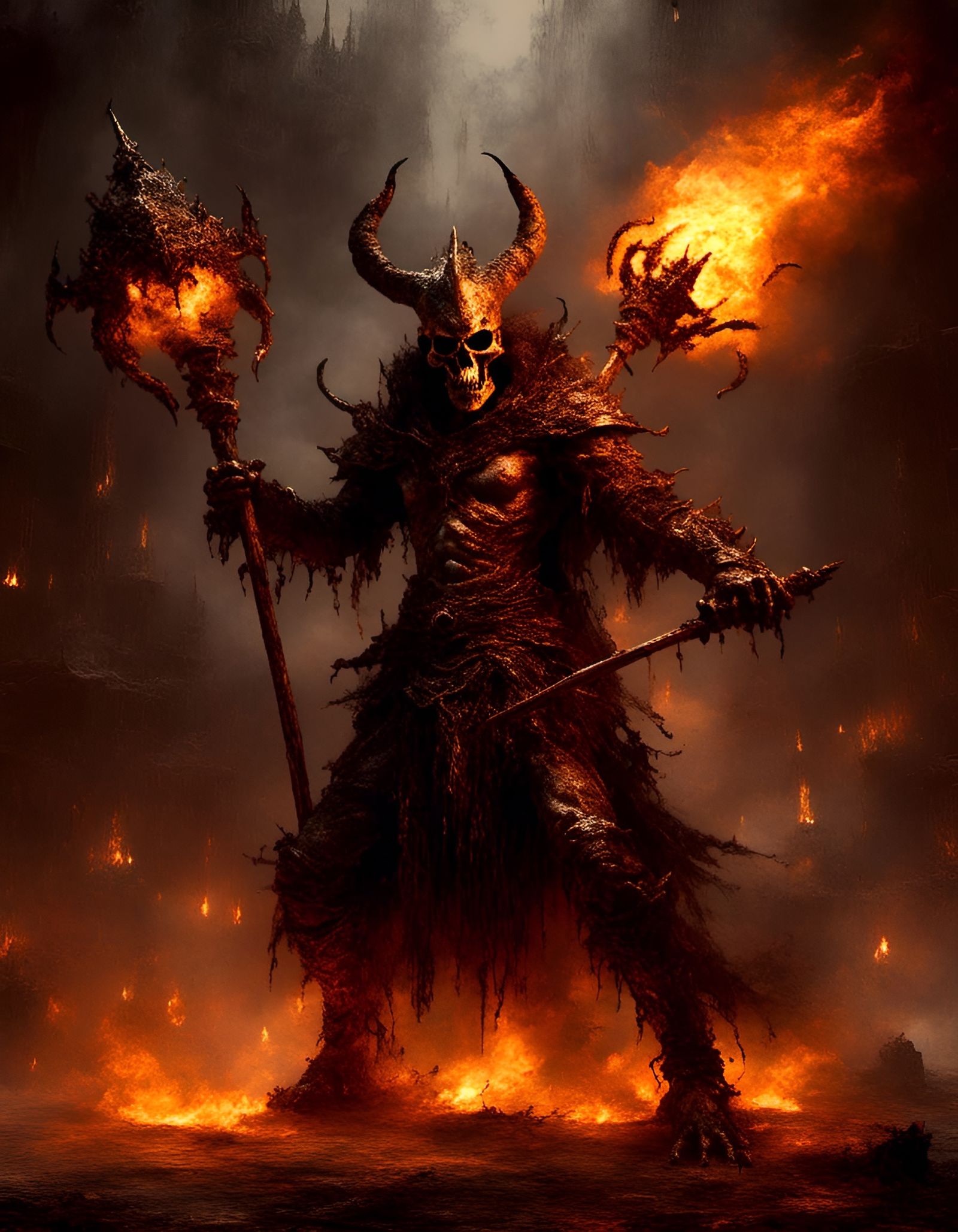 A pit fiend wearing an eyeless helm clutches an infernal battle standard in one clawed hand while swinging a huge flaming mace in the other...