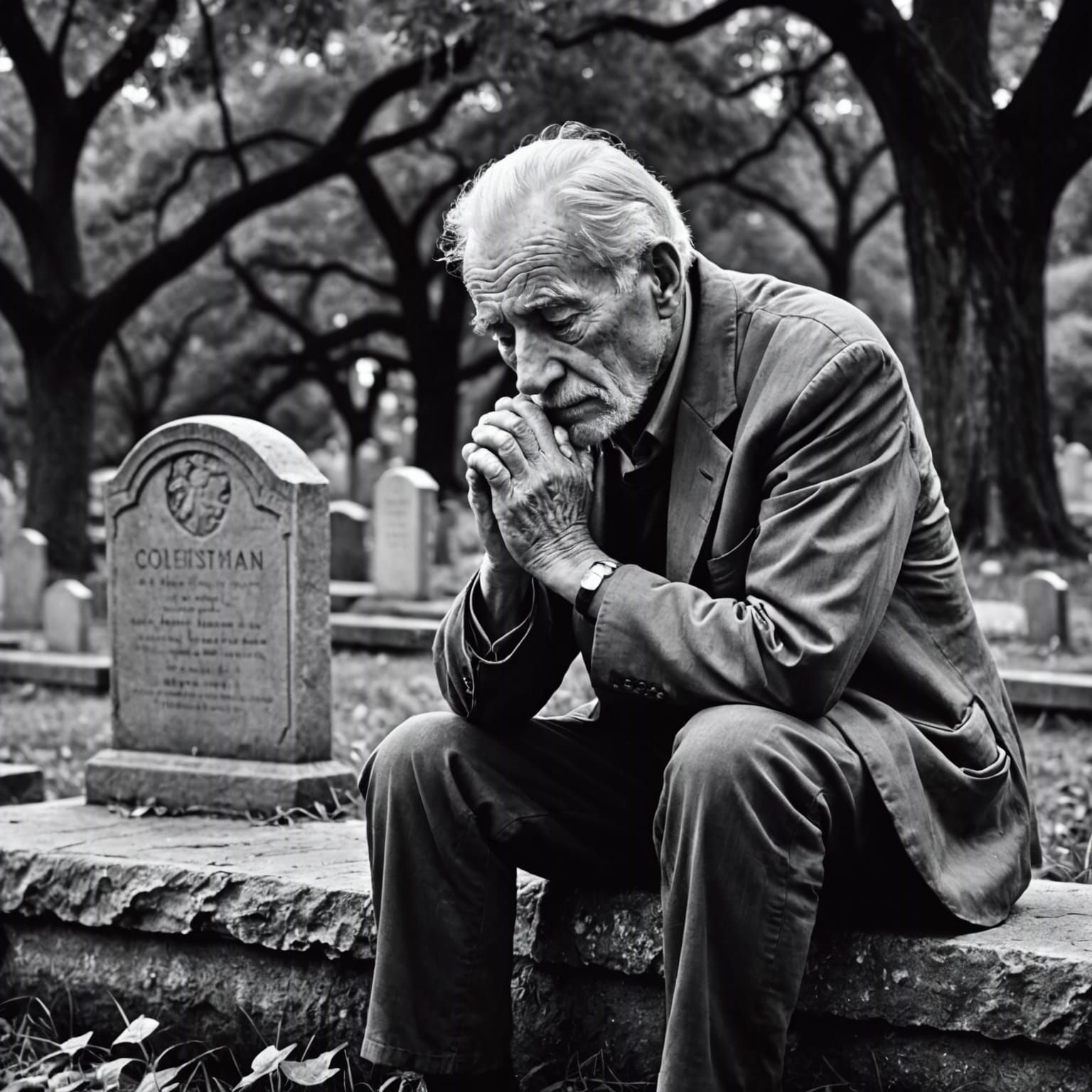 Create a black and white illustration capturing a moment of heartfelt sorrow. Show an elderly man, with ...  by @DecloDee