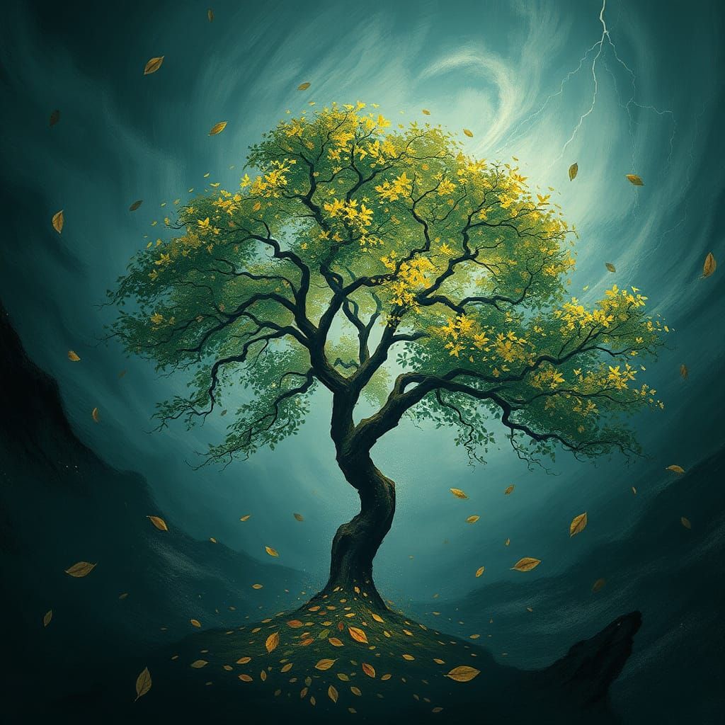 Stormy wind in the trees, movement swirling leaves, trees bending in the wind 