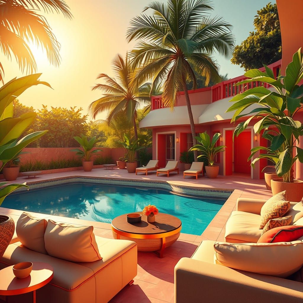 An animated retro styled luxurious pool and lounge area