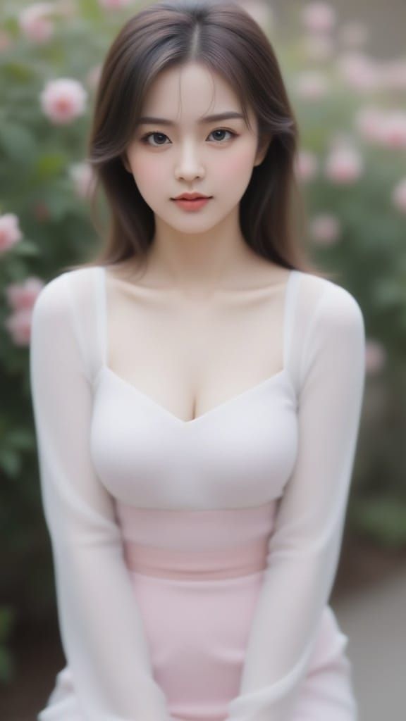 <lora:Hazy Portrait:1.0> Hazy photo of Cherry lady, smiling, wearing wrap top and wrap skirt. Full body. Soft focus. Flower garden in backgr...
