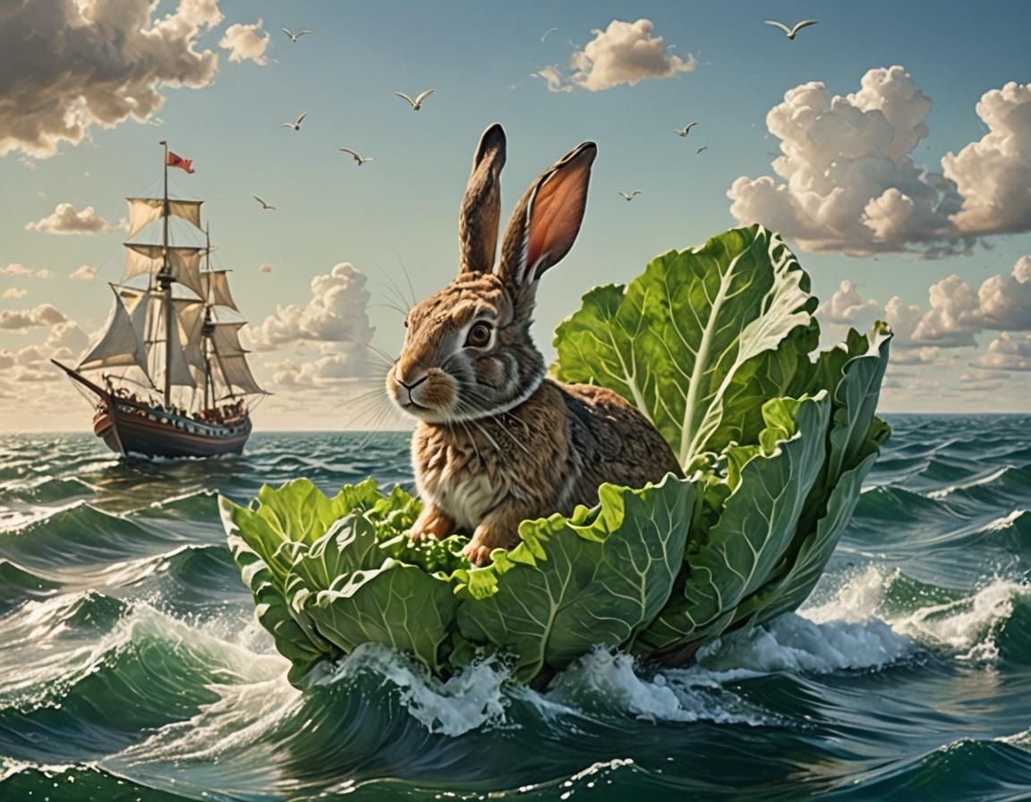 A rabbit sails away on the ocean in a lettuce leaf boat.   by @Autumn