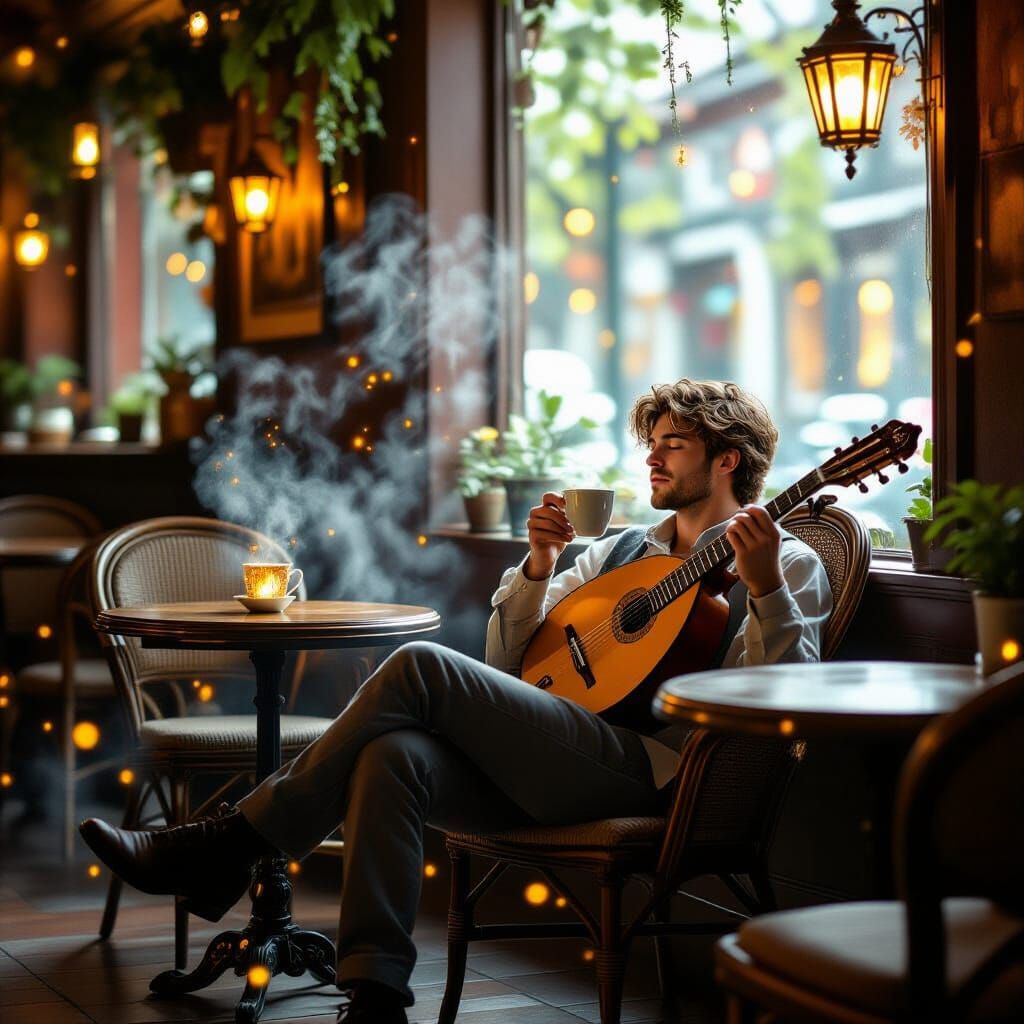 Inside a lantern-lit café where chairs slowly drift above the floor, Finn leans back with his lute beside him, sipping from a cup that radia...