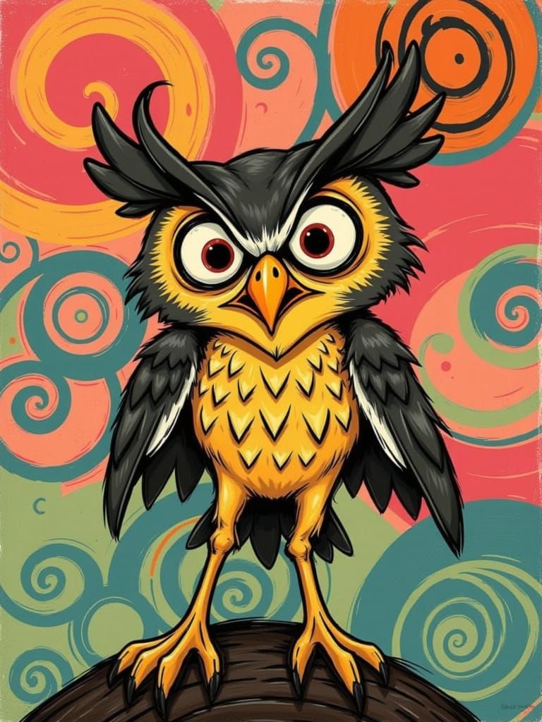 Whimsical owl with wild eyes and frantic expression, posed in a dynamic, exaggerated manner, set against a vibrant, cartoonish backdrop, in ...